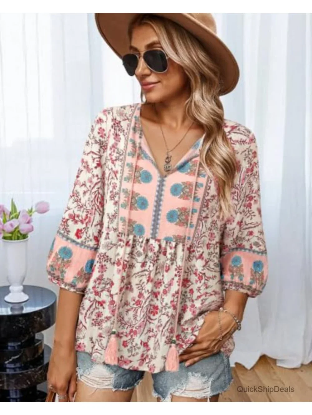 Womens Boho Babydoll Top 3/4 Sleeve Pleated Peplum Blouse V Neck Tie Front Tunic